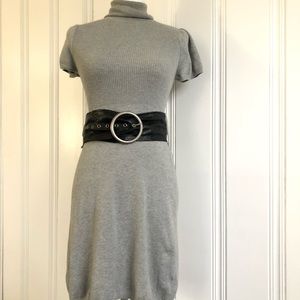 Gray half-ribbed turtleneck sweater dress